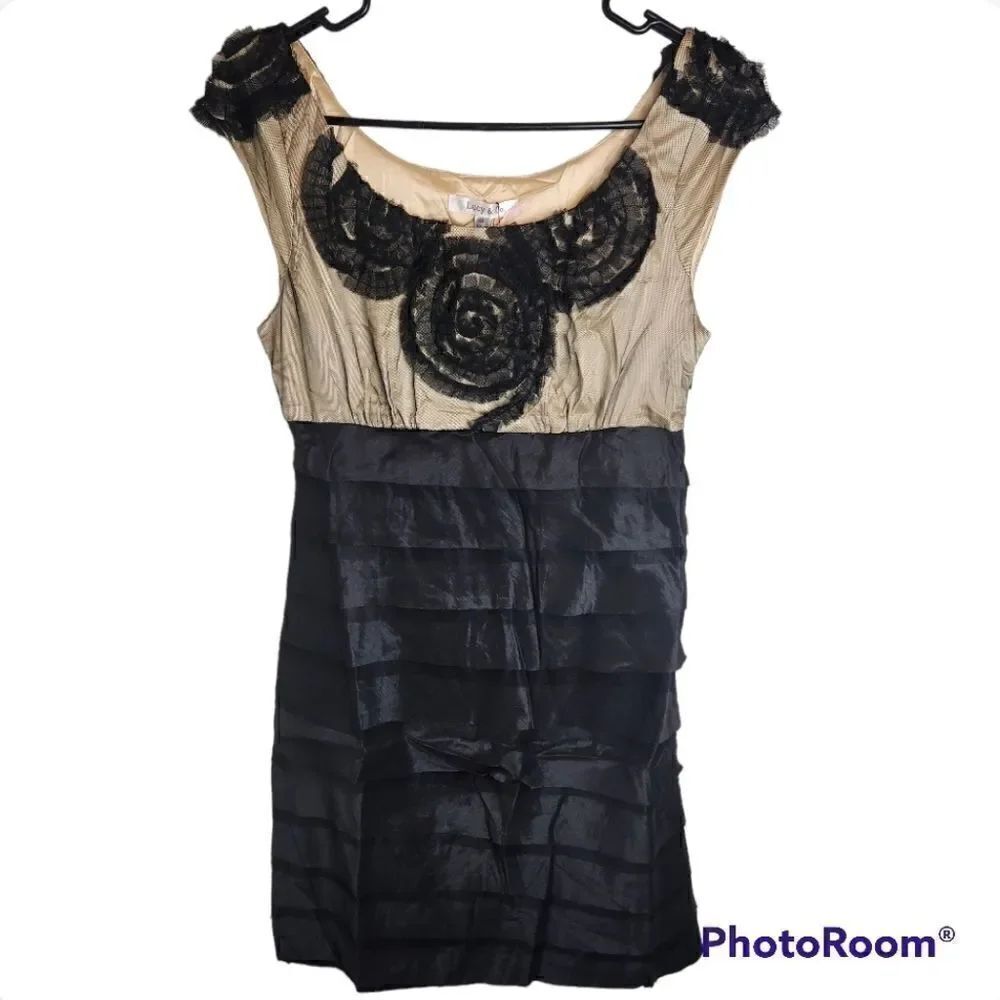 LUCY & CO. Black and Tann Bodycon Dress Lace Large have shoes to match see pics